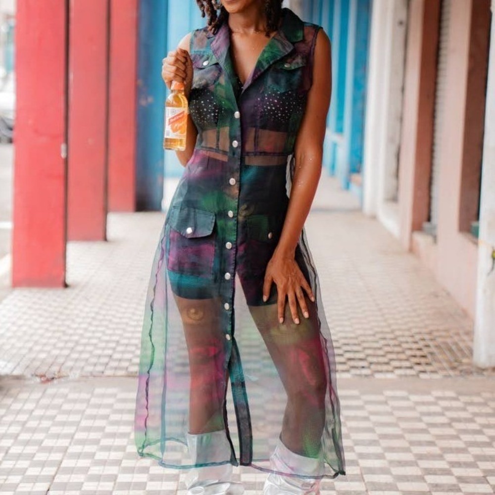 Womens Sheer Eye Print Sleeveless Shirt Dress, Medium black | Clubwear Matrix